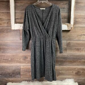 TIFFANY & GREY Ribbed Knit Sweater Dress Faux Wrap Bodice Elastic Waist Sz XL